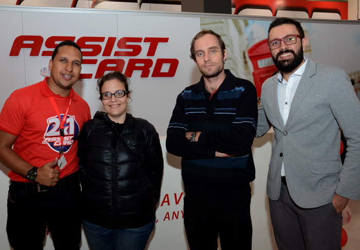 Leonardo Martins dos Santos, da Assist card, Karina Piestun e Jonas Schwertner, da Super Jet Brasil, e Dexter Macoris, da Assist Card Leonardo Martins dos Santos, da Assist card, Karina Piestun e Jonas Schwertner, da Super Jet Brasil, e Dexter Macoris, da Assist Card