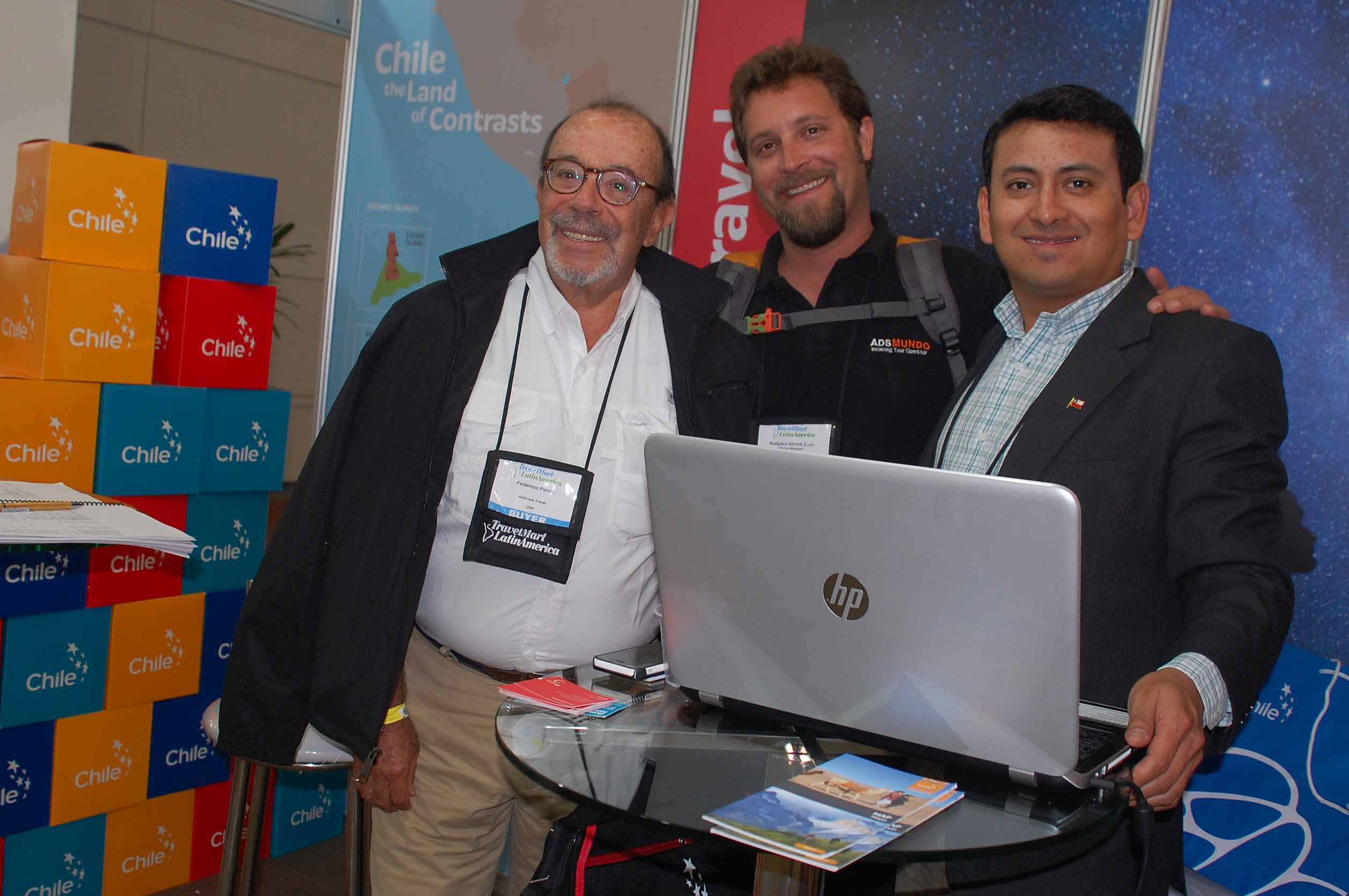 Federico Eguren, da Holbrook Travel FL, Rudyard Ullrich, da ADS Mundo Chile e Juan Lopez, do Turismo do Chile