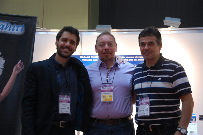 Jean-Bruno Gillot, da SPM Hotels, com Juan Carlos Andreychuk e Marcelo Prandi, da Marama Tours