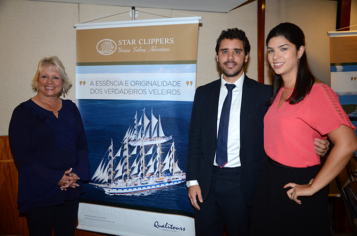 Teri Haas, da Star Clippers Americas, com Jean-Bruno Gillot e Fernanda Sarubbi, da CapAmazon Representações Teri Haas, da Star Clippers Americas, com Jean-Bruno Gillot e Fernanda Sarubbi, da CapAmazon Representações