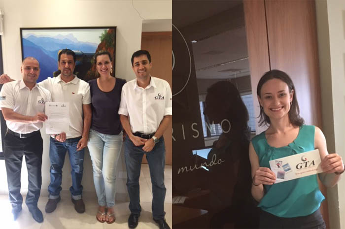 à esquerda; Cesar Barbieri, representante da GTA em Ribeirão Preto e região, Richard Feres e Beatriz Moretto, da Ventorum; e Wilter Furtado Filho, executivo de contas da GTA. Foto à direita, Fernanda Handke, da OP Turismo