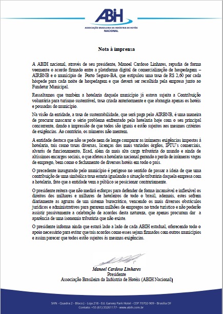 Nota da ABIH Nacional