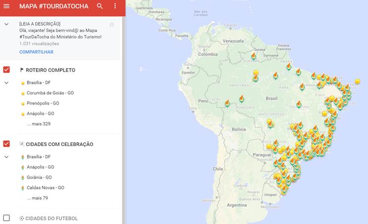 Mapa interativo mostra pontos turísticos de cidades que receberão tocha 1 Mapa interativo foi lançado pelo Ministério do Turismo (Foto: Divulgação/ MTur)
