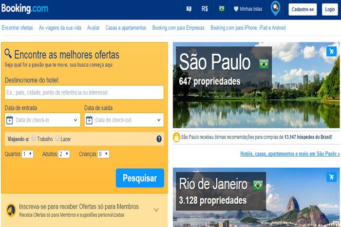 Página inicial da Booking.com