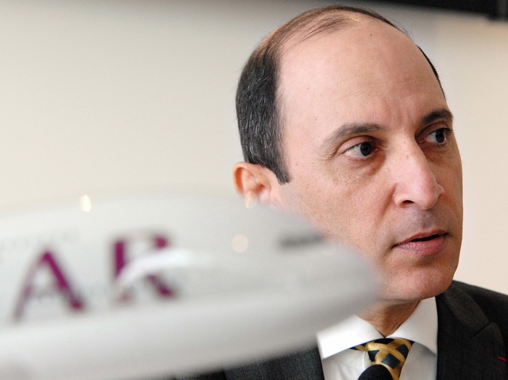 Le Bourget, FRANCE: Qatar Airways Chief Executive Officer Akbar Al-Baker listens questions after signing a contract during the 47th Paris International air show at Le Bourget airport 18 June 2007. Qatar Airways announced an order for three Airbus A380 superjumbo airliners and confirmed an order for 80 mid-sized A350 aircraft on the first day of the Paris Air Show on Monday. AFP PHOTO ERIC PIERMONT (Photo credit should read ERIC PIERMONT/AFP/Getty Images)