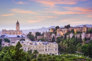 Malaga, Spain cityscape at the Cathedral, City Hall and Alcazaba citadel of Malaga.