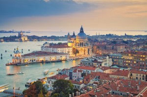 Aerial view of the Venice with Basilica di Santa Maria della Salute taken from St. Mark's Campanile.