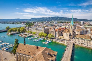 Aerial view of Zürich city center with famous Fraumünster Church and river Limmat at Lake Zurich from Grossmünster Church, Canton of Zürich, Switzerland.