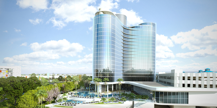 Perspectiva da fachada do Universal's Aventura Hotel