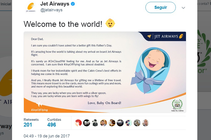 Mulher dá a luz em voo da Jet Airways e bebê terá bilhetes vitalícios; veja A Jet Airways se manifestou através do Twitter parabenizando toda a equipe de bordo