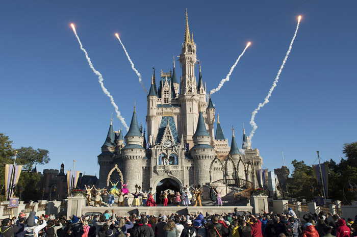 A new welcome show takes place each morning on the Cinderella Castle Forecourt Stage at Magic Kingdom Park. Guests can meander up Main Street, U.S.A. to the edge of Cinderella Castle and join in the celebration as a Royal Herald delivers a proclamation and welcomes some familiar Disney Characters. Magic Kingdom Park is one of four theme parks at Walt Disney World Resort in Lake Buena Vista, Fla. (David Roark, photographer)