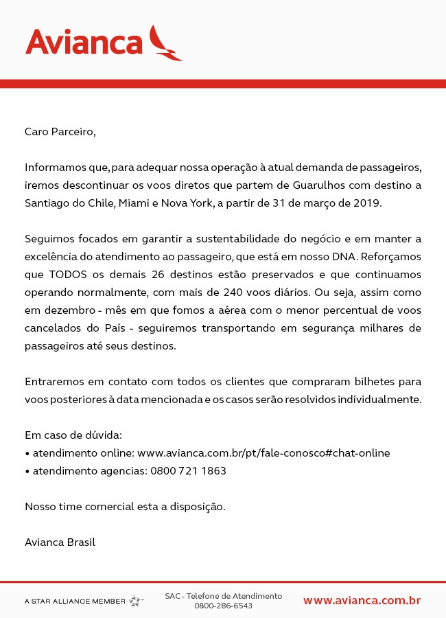 Confira o comunicado da Avianca na íntegra.