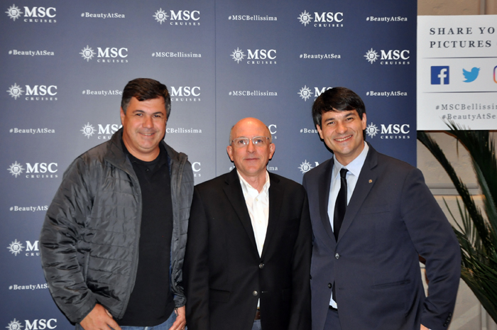 Trade comparece a inauguração do MSC Bellissima na Europa; veja fotos 1 Kleber Silva, Gerente de Setor Marítimo da Abreutur, Aldo Leone, CEO da Agaxtur e Ignacio Hidalgo, diretor comercial da MSC Brasil