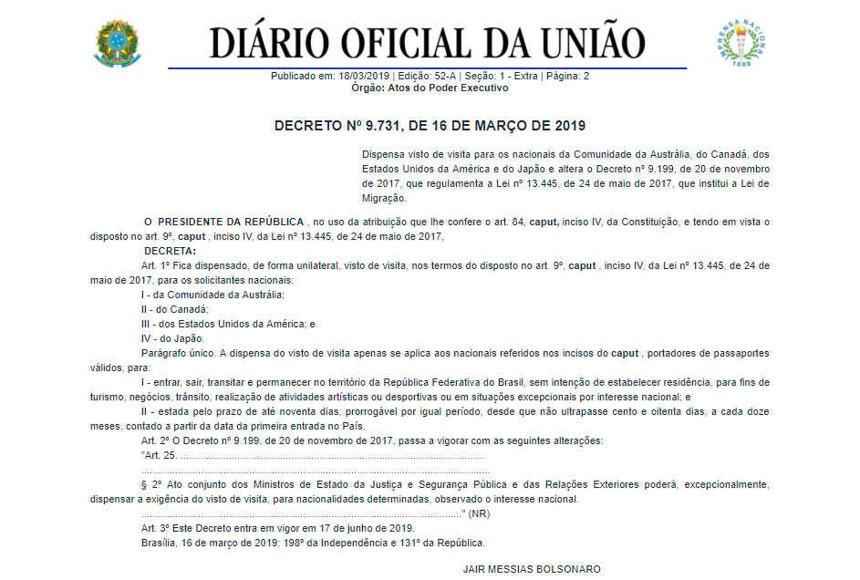 decreto isenção de vistos