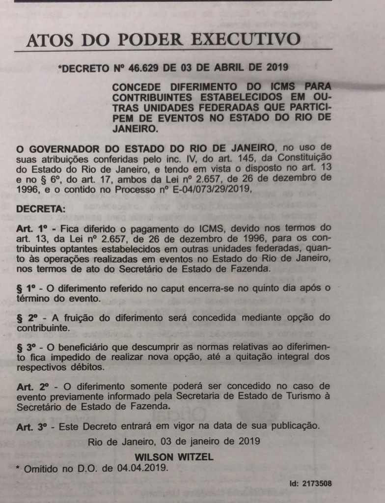 decreto diferimento de impostos em eventos RJ