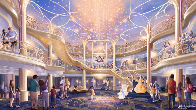 The three-story atrium of the Disney Wish will be a bright, airy and elegant space inspired by the beauty of an enchanted fairytale. It will serve as the gateway to an unparalleled vacation filled with experiences designed especially for families. (Disney)