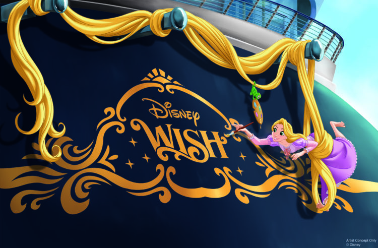 Disney Cruise Line lança novos roteiros pela Europa, Alasca e Caribe 3 A beloved hallmark of Disney Cruise Line, it has been a tradition to adorn the back of Disney ships with an iconic character that reflects the theme of each vessel. The Disney Wish’s stern will feature Rapunzel. Our favorite artsy princess, paintbrush in hand, uses her enchanted hair to suspend herself as she decorates the stern of the ship with the help of her feisty sidekick, Pascal. (Disney)