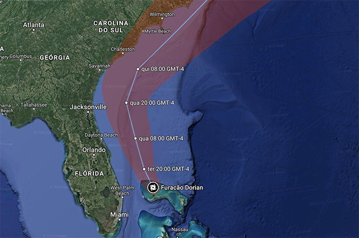 Projeção do Furacão Dorian - Google Maps