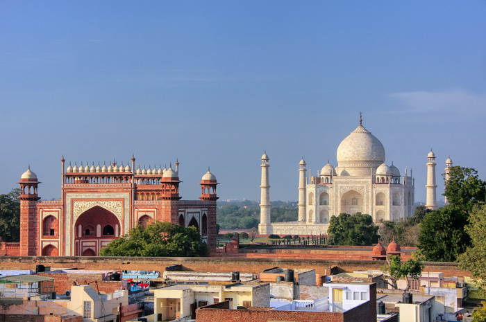 Rooftops of Taj Ganj neighborhood and Taj Mahal in Agra