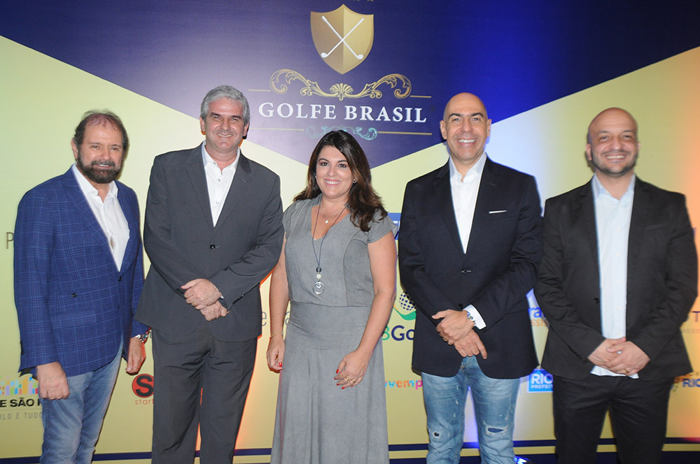 Guilherme Paulus, Carlos Favoreto, Alessandra Libman, Marcelo Alves e Felipe Michel, os grandes anfitriões da etapa do Rio de Janeiro do Torneio Golfe Brasil