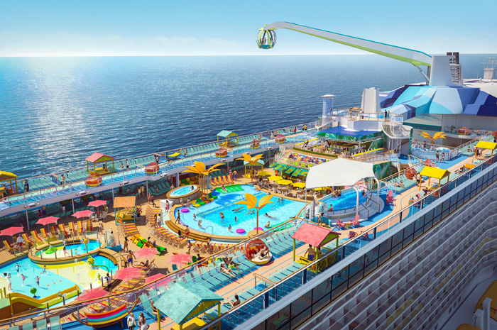 O navio apresentará um deck de dois níveis com duas piscinas em estilo resort, um parque aquático infantil e quatro banheiras de hidromassagem