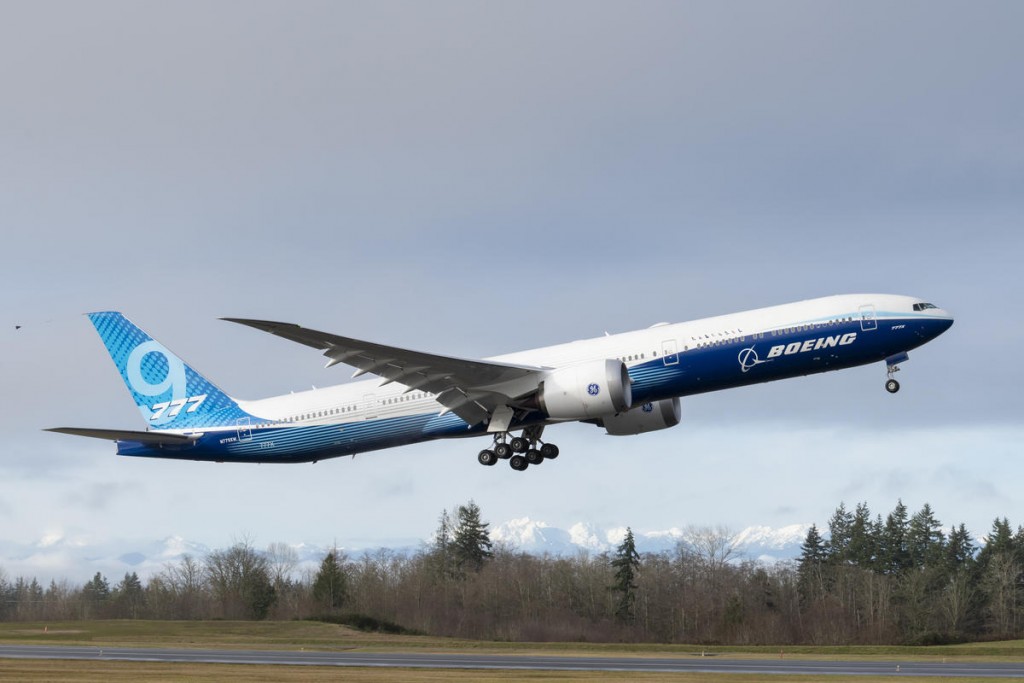 Boeing 777X WH001 makes its first flight at Paine Field in Everett, Washington on January 25, 2020.