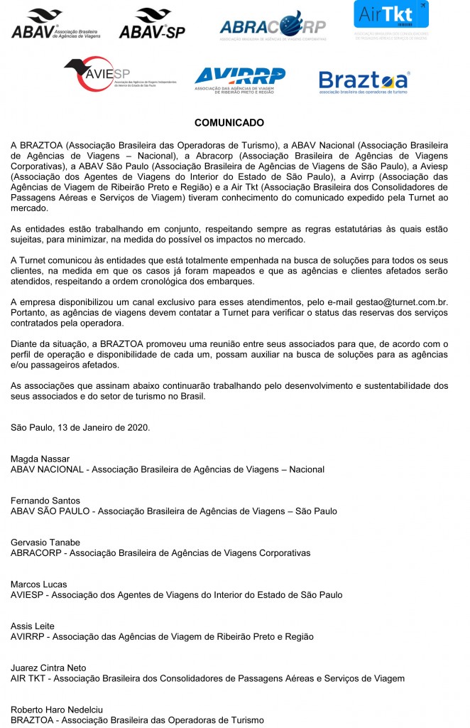 Turnet: entidades se unem para minimizar impactos de suspensão das operações Comunicado Entidades - Turnet - 13 de Janeiro de 2020