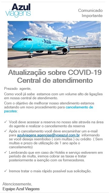 Comunicado enviado a agentes Azul Viagens