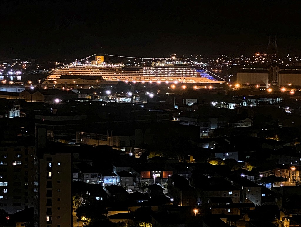 Mensagem de "Obrigado" ilumina o navio Costa Fascinosa em Santos