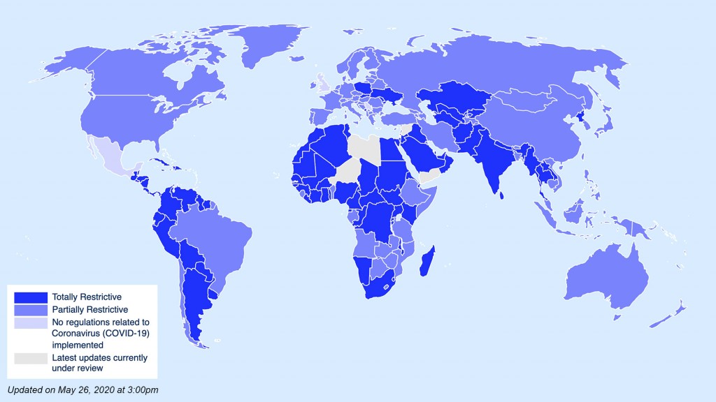 Mapa mostra restrições em cada país