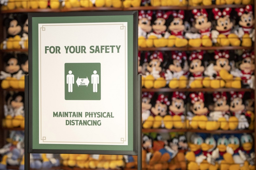 Signage throughout Walt Disney World Resort theme parks in Lake Buena Vista, Fla., reminds guests of new health and safety measures in place during the parks’ phased reopening beginning July 11, 2020. Guests must maintain physical distancing and those 2 years of age and older must wear a face covering at all times (except when eating and drinking while dining), among other new guidelines. (Kent Phillips, photographer)