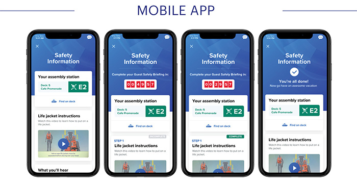 Royal Caribbean substitui 'drill' por aplicativo de treinamento 1 Layout do Muster-2.0 em aplicativo para celular