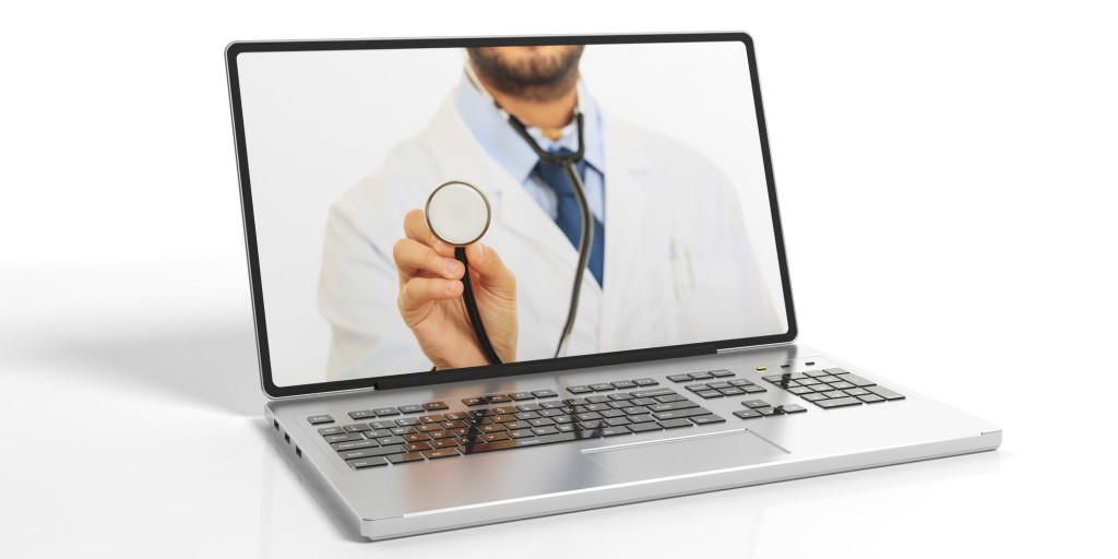 3d rendering doctor on a laptop's screen on white background
