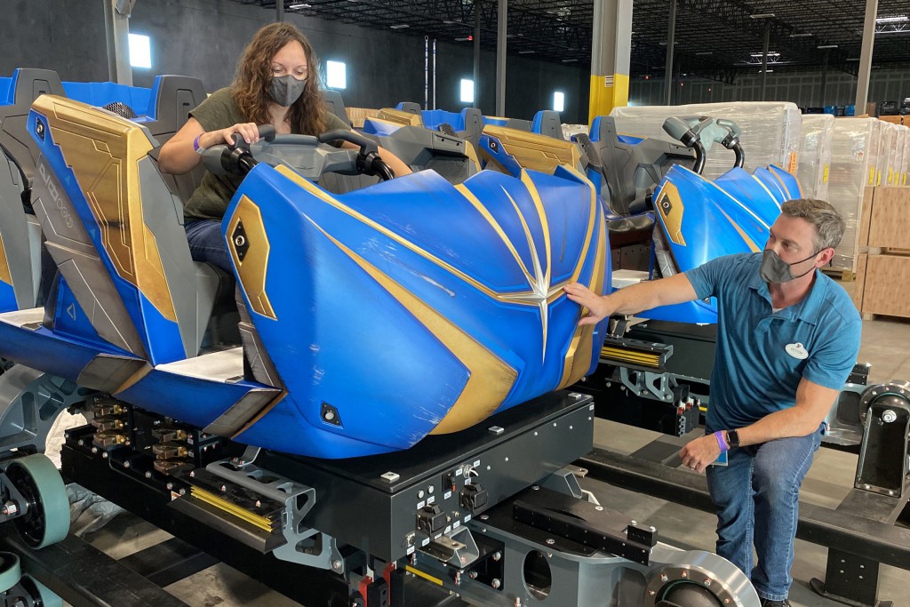 Disney Imagineers inspect the Omnicoaster vehicles for Guardians of the Galaxy: Cosmic Rewind, coming to EPCOT at Walt Disney World Resort in Lake Buena Vista, Fla. This new adventure will feature a first-of-its-kind programmable roller coaster ride system, where guests can be rotated along the ride track in any direction while traveling at high speeds. (Disney)