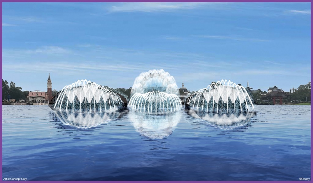 This artist concept rendering shows how the floating platforms for “Harmonious” will feature daytime fountains, providing new energy to World Showcase Lagoon before evening falls and the forthcoming nighttime spectacular begins at EPCOT at Walt Disney World Resort in Lake Buena Vista, Fla. (Disney)