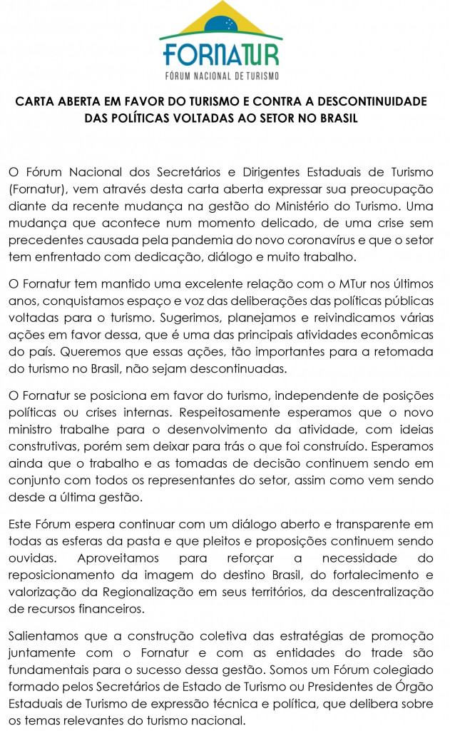 Fornatur expressa 'preocupação' com mudança no Ministério do Turismo 01