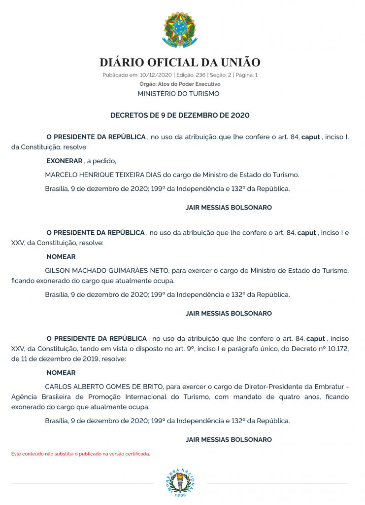 Despacho publicado no Diário Oficial da União desta quinta-feira (10).