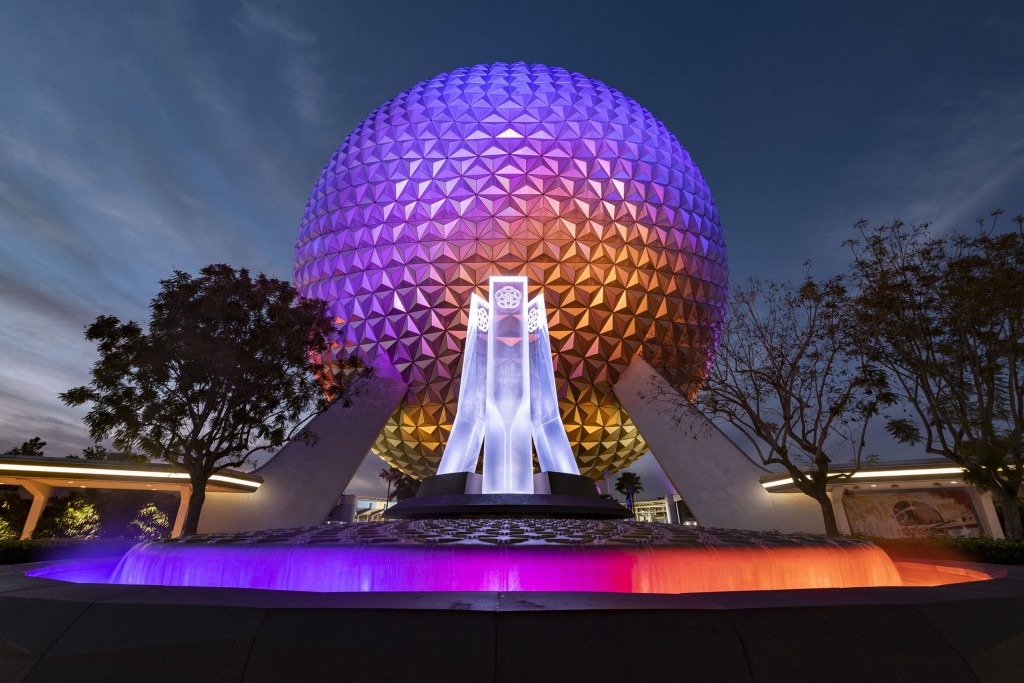 A reimagined fountain at the main entrance of EPCOT shines in front of Spaceship Earth at Walt Disney World Resort in Lake Buena Vista, Fla., Dec. 22, 2020. The fountain hearkens back to the origins of EPCOT and is the next milestone in the park’s ongoing historic transformation. (David Roark, photographer)