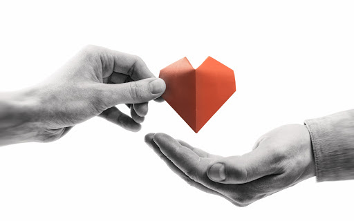 Reed doará US$ 5 milhões para organizações que promovem igualdade social 1 Red heart in woman and man hands. Black and white image on isolated white background. Concept of love, giving gifts, donorship.