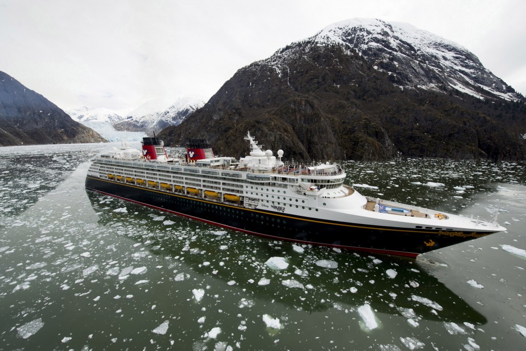 The Disney Wonder cruise ship sails past glaciers in a fjord as part of its Alaska itinerary. These scenic destinations are home to towering waterfalls, mammoth glaciers, rugged mountaintops and wildlife. (Diana Zalucky, photographer)