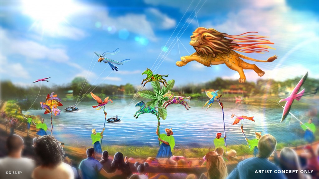 Disney inicia comemorações de seus 50 anos no dia 1° de outubro; veja novidades 4 “Disney KiteTails” will launch Oct. 1, 2021, at Disney’s Animal Kingdom Theme Park in Lake Buena Vista, Fla. This new entertainment experience will come alive multiple times throughout the day at Discovery River Amphitheater, featuring performers flying windcatchers and kites of all shapes and sizes. Out on the water, elaborate three-dimensional kites – some stretching to 30 feet long – will depict Disney animal friends, including Simba, Zazu, Baloo and King Louie. (Disney)
