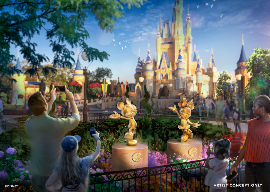In this artist rendering Mickey Mouse and Minnie Mouse are featured as special golden character sculptures in Magic Kingdom Park at Walt Disney World Resort in Lake Buena Vista, Fla. They will be joined by 50 characters as part of the “Disney Fab 50,” a new collection of golden sculptures debuting Oct. 1, 2021, across all four Walt Disney World theme parks as part of “The World’s Most Magical Celebration” honoring the 50th anniversary of Walt Disney World Resort. (Disney)