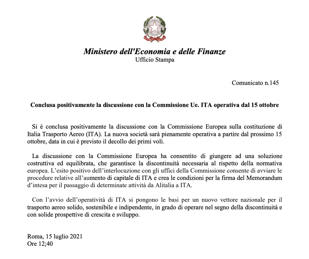 Com o nome ITA, nova Alitalia inicia operações em 15 de outubro 2 Comunicado do Ministério da Economia e das Finanças da Itália