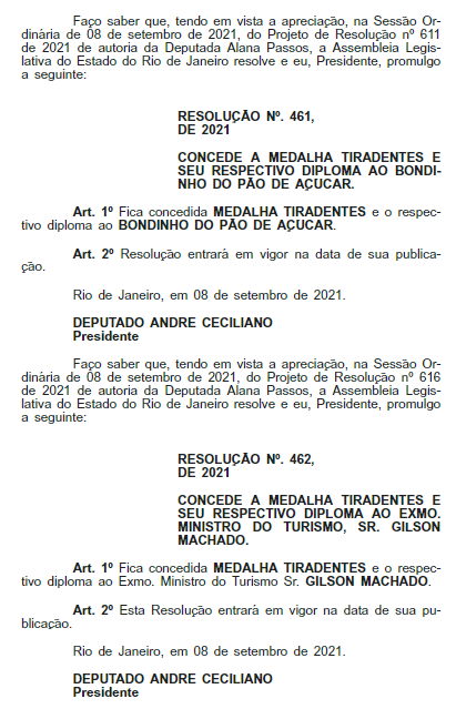Ministro do Turismo e Bondinho Pão de Açúcar receberão a Medalha Tiradentes da Alerj 2 image