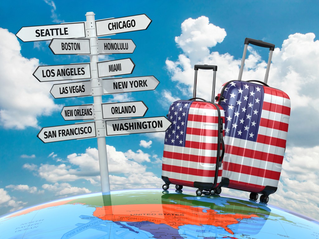 Travel concept. Suitcases and signpost what to visit in USA. 3d