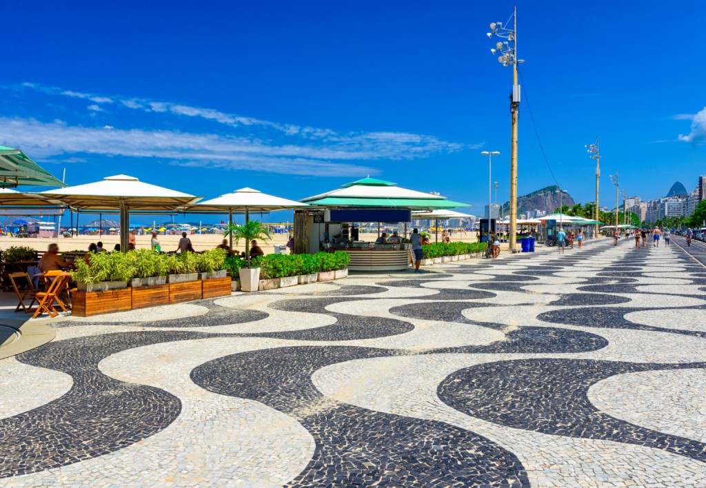 View,Of,Copacabana,Beach,With,Kiosk,And,Mosaic,Of,Sidewalk