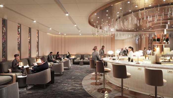 American Airlines e British Airways revelam detalhes do novo terminal no JFK 1 O lounge mais exclusivo do Terminal JFK da American Airlines/British Airways terá um bar de champanhe na nova reforma. (Foto: Divulgação).