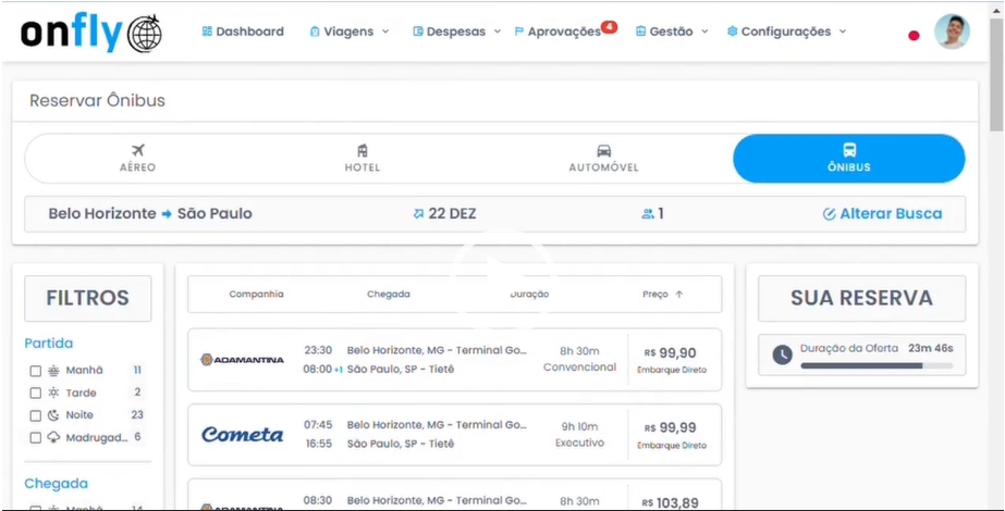 A plataforma da Onfly oferece o sistema all in one, permitindo a escolha, compra e gerenciamento de produtos