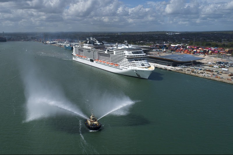 MSC Virtuosa arrives into Southampton. Photo credit MSC Cruises, Blue Harbour