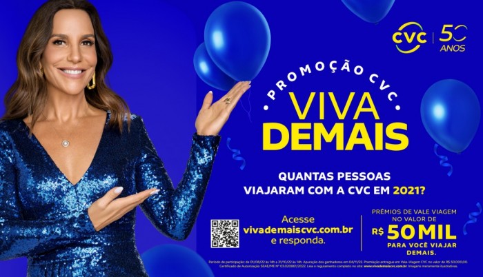 50 anos de CVC: operadora irá premiar clientes com R$ 50 mil em viagem 1 Campanha “Viva Demais” premiará clientes com R$ 50 mil para realizar a viagem dos sonhos, para qualquer localidade e com qualquer pessoa